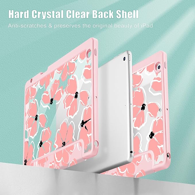 Case for iPad 9th/ 8th/ 7th Generation 10.2-Inch Case(2021/2020/2019 Release) [Built in Pencil Holder] Trifold Stand Auto Wake/Sleep Clear TPU Protection Back Cover Hand Drawn Flowers