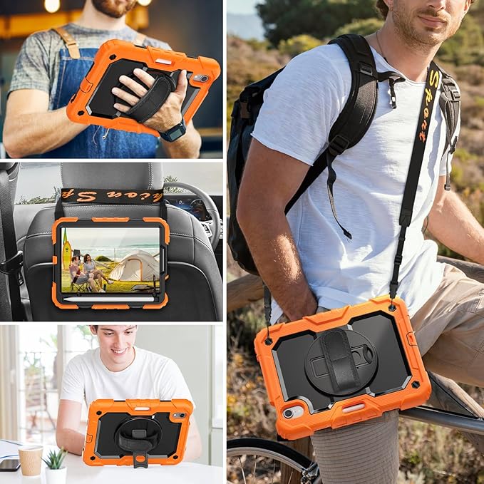 HXCASEAC Case for iPad mini 7 (A17 Pro) / iPad mini 6 Case 8.3 inch Full Body Protective with Pencil Holder Carrying Strap Hand Strap Protector 360 Rotating Stand A2995 A2993 A2567 A2568 Orange