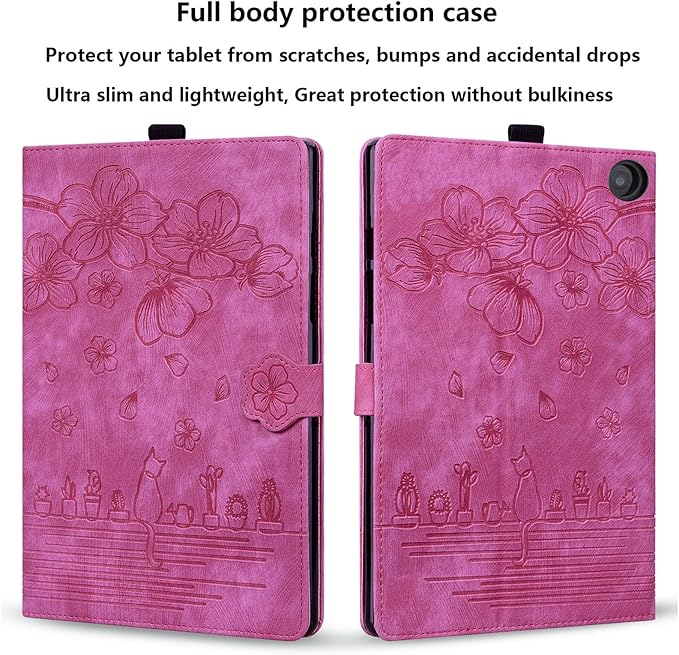 for Amazon Kindle Fire HD 8 &amp Fire HD 8 Plus Case 12th/10th Generation (2024/2022/2020) 8 UUcovers Embossed PU Leather Folio Magneic Cover with Stand/Pencil Holder Cherry Blossom Rose Cat