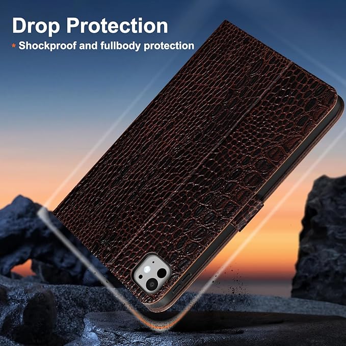 Gexmil Leather Case for iPad Pro 11 Inch (M5/M4) 2025/2024 with Magnetic Closure Adjustable StandProtective Shockproof Leather Smart Folio Cover Auto Sleep/Wake Anti-SlipBrown Crocodile