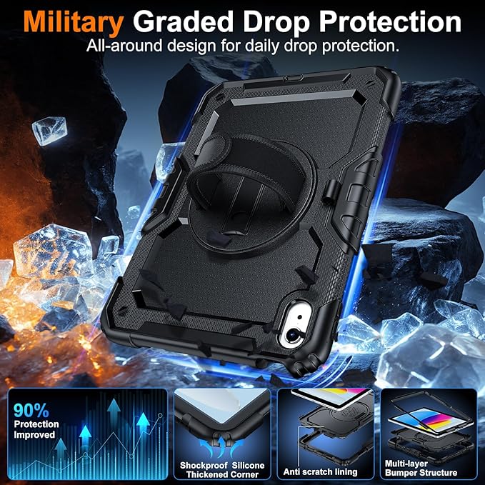 Case for iPad (A16) 11th Generation 11 Inch (2025) Ubearkk for iPad 10th Generation 10.9 inch 2022 case with Screen Protector 360 Degree Rotating Stand/Adjustable Shoulder Strap/Pencil Holder Black