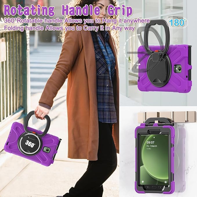 Rugged Case for Samsung Galaxy Tab Active5 5G (SM-X306B/X300) w/ 360° Rotating Hanging Ring Handle Grip Kickstand Heavy Duty Shock-Proof Armor Cover w/Shoulder Strap Stylus Holder (Purple)