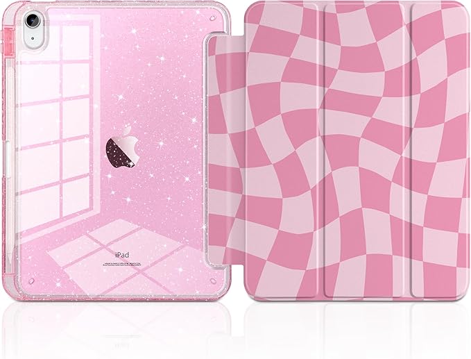 MEEgoodo Case for iPad A16 11th Generation 2025/10th Generation 2022 Glitter Tablet Cases with Transparent Acrylic Back+Trifold Stand +Pencil Holder+Auto Wake/SleepRomantic Pink Square
