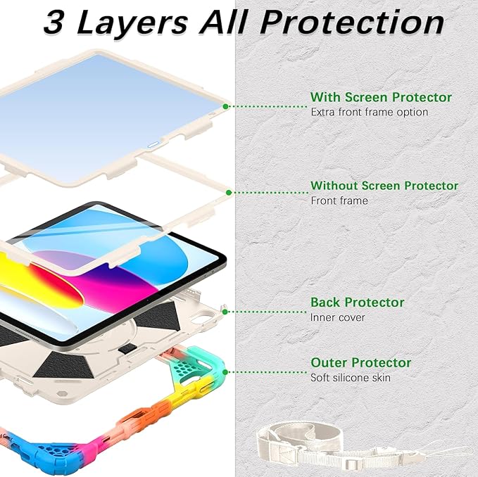 Weuiean Case for iPad A16 11th/10th Generation 11/10.9 Military-Grade Heavy-Duty Shockproof Cover with 360° Rotating Stand Built-in Pencil Holder &amp Adjustable Hand/Shoulder Strap - Colorful Bl