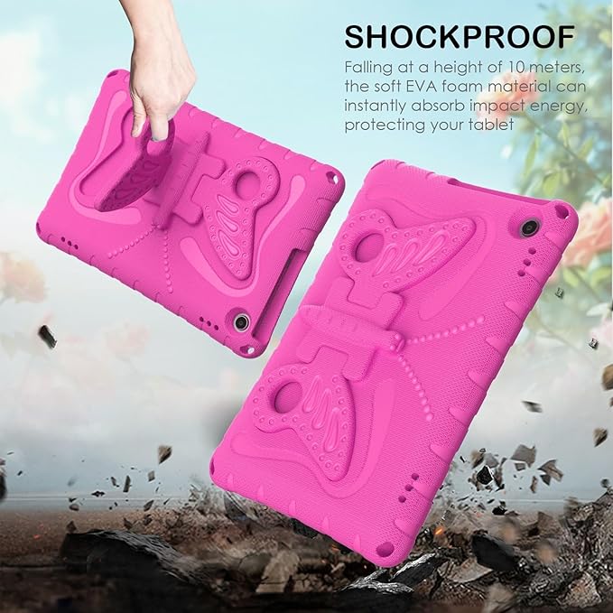 Kids Case Compatible with Kindle Fire HD 10 Tablet (13th/11th Generation 2023/2021 Release) Lightweight Shockproof Case EVA Foam Cover with Shoulder Strap &amp Stand Cover for Boys Girls(Rose Red)