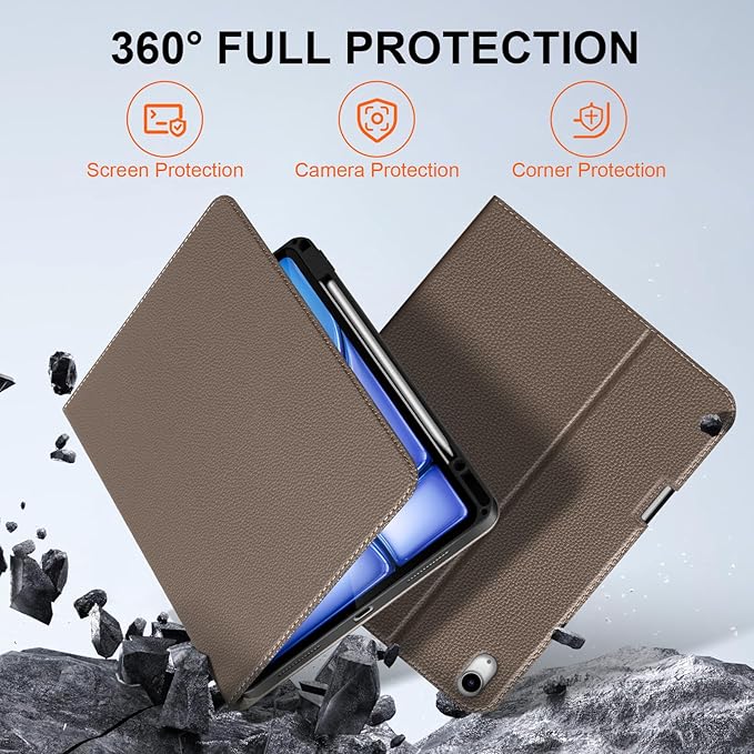 for iPad Air 13 inch Case M4/M3/M2 2026/2025/2024 Premium Leather Protective Cover with Apple Pencil Holder Auto Wake/Sleep Adjustable Stand &amp Multiple Viewing AnglesGray Brown
