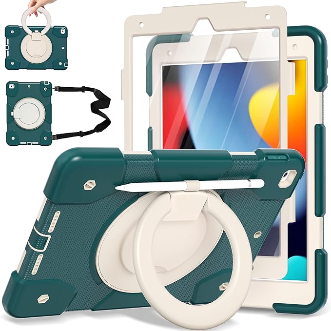 Case for iPad 9th/8th/7th Generation 10.2 inch Shockproof Cover with Screen Protector/360° Rotate Stand/Pencil Holder/Shoulder Strap Kids Case for iPad 2021/2020/2019 (Dark Green+White)