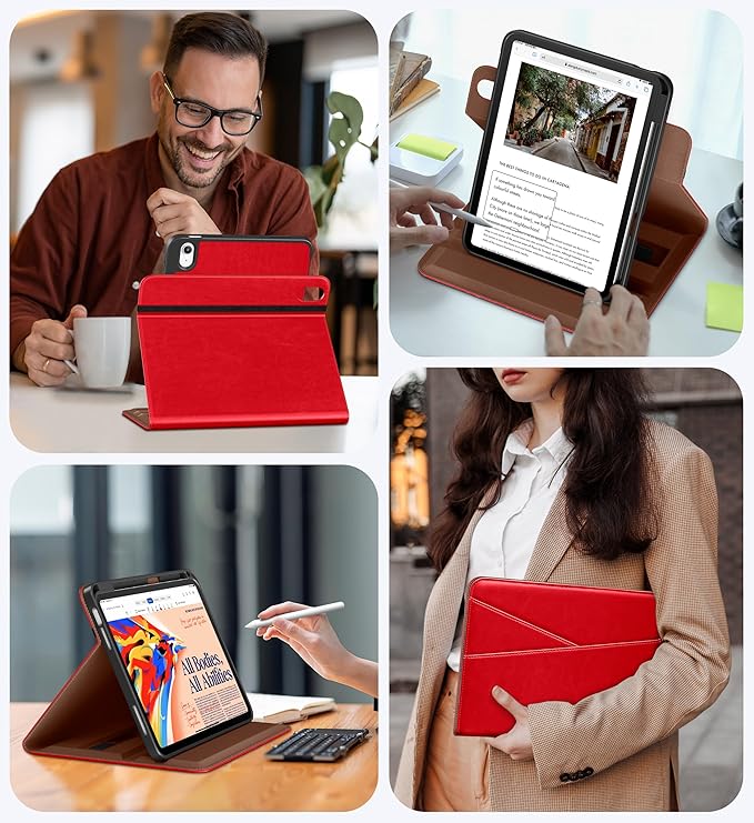DTTO for iPad A16 Case iPad 11th / 10th Generation Case (2025/2022) 360 Degree Rotating Premium Leather Folio Stand Cover with Pencil Holder Bright Red