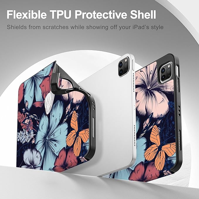 May Chen Case for iPad Pro 11 inch (4th 3rd 2nd &amp 1st Gen) 2022 2021 2020 2018 Trifold Stand + Pencil Holder + Auto Wake/Sleep + Soft TPU Protective Stand Back Cover Flowers &amp Butterflies