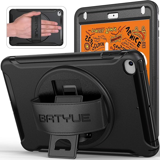 BATYUE for iPad mini 5/4 7.9 Inch Case (2019/2015) Shockproof Cover with 360° Kickstand &amp Pencil Holder Comfortable Leather Hand Strap for Easy Grip - Black