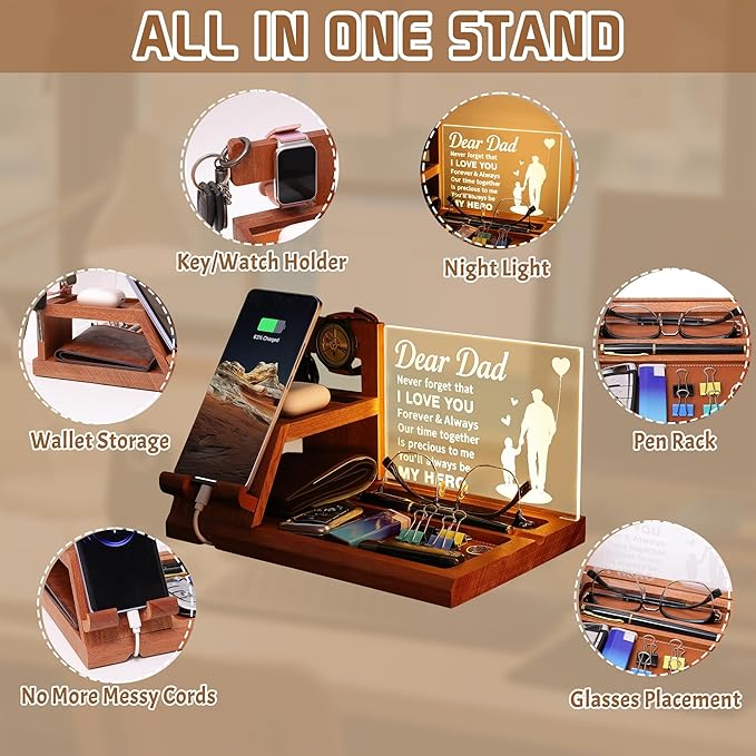 Attivolife Dad Gifts Idea LED Phone Docking Station Desk Organizer Cell Phone Stand with Night Light Best Dad Ever Gift for Father's Day Key Holder Stand for Wallet Watch Essentials