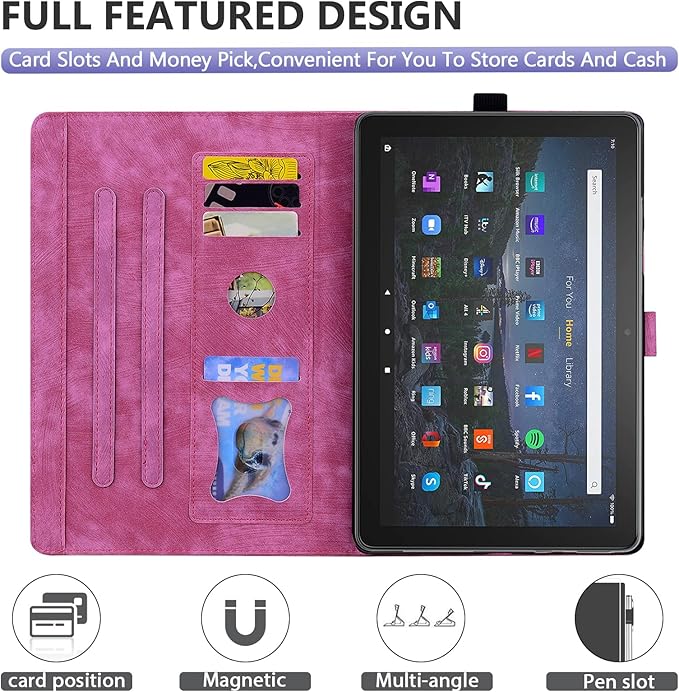 Dteck Case for All-New Amazon Kindle Fire HD 10 &amp 10 Plus Tablet (13th/11th Generation 2023/2021 Release) 10.1 Premium PU Leather Embossed Flower Folio Stand Case Cover with Pencil HolderRose