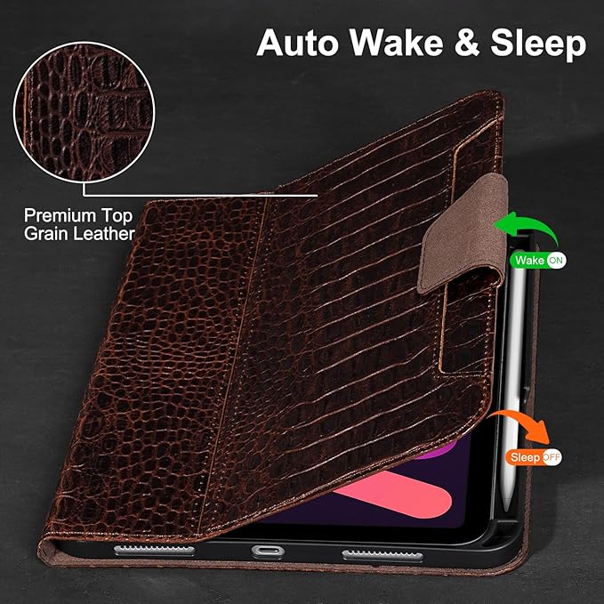 Gexmil Premium Leather Case for iPad mini 7 (A17 Pro) 2024 / iPad mini 6 Generation 2021 8.3 InchPencil Holder Magnetic ClosureShockproof Cowhide CoverAdjustable StandBrown Crocodile