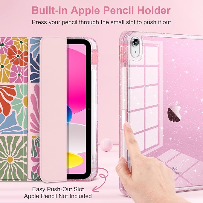 DONGKE for iPad Pro 11 inch Case – Fits M5 2025 / M4 2024 Shockproof Sparkling Glitter Acrylic Back Pencil Holder Trifold Stand Auto Sleep/Wake &amp Touch ID Support - Colorful Florals