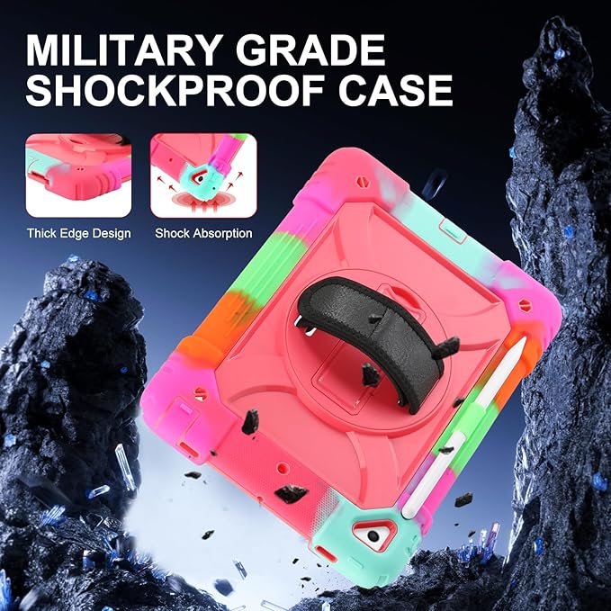 for iPad 6th Generation/iPad 5th Gen/iPad Air 2/iPad Pro 9.7 Case with Cute Key Chain Rugged Protective Case with Rotating Stand &amp Shoulder Hand Strap for iPad 6th/5th/ Air 2 (Rainbow Rose)