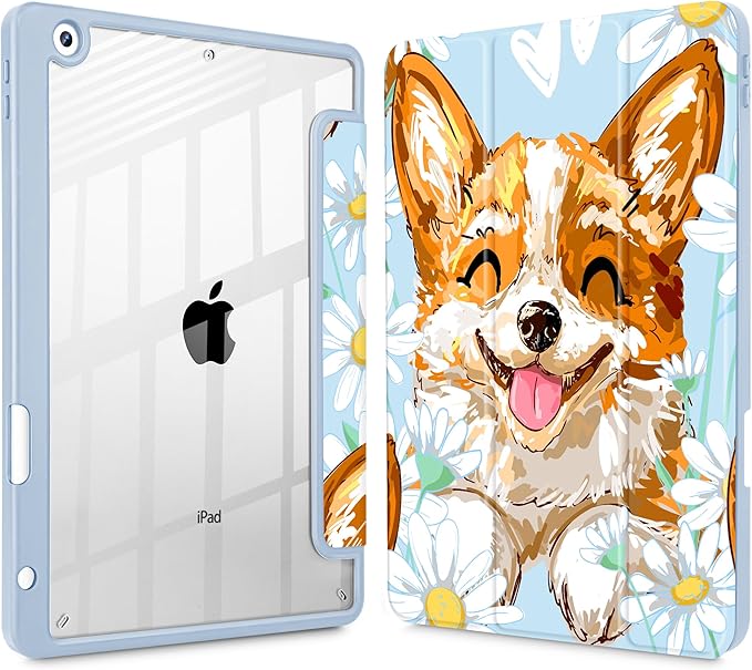 for iPad 9th Generation with Pencil Holder iPad 8th/7th Gen Case 10.2-inch [Built in Pencil Holder] Trifold Stand Auto Wake/Sleep Clear TPU Protection Back Cover Cute Corgi Dog