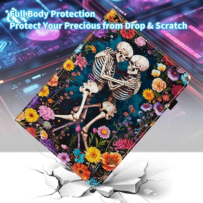 Case for Samsung Galaxy Tab S9 FE 5G 10.9 Inch/Galaxy Tab S9 11 Inch 2023Card Slot PU Leather TPU Case Pen Holder Auto Wake SleepFlower Skull