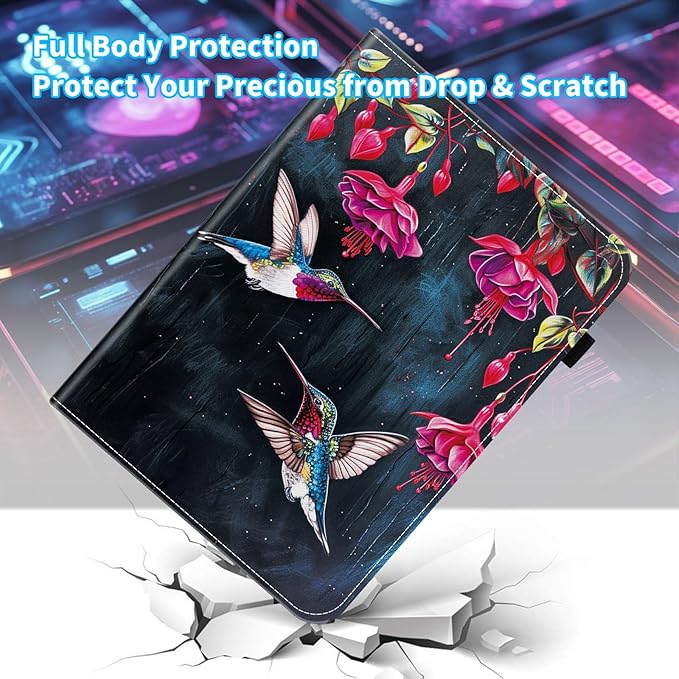 Case for Samsung Galaxy Tab A9 Plus/A9+ 5G 11 Inch 2023 Model (SM-X210/X216/X218)Card Slot PU Leather TPU Case Pen Holder Auto Wake SleepFlower Hummingbird