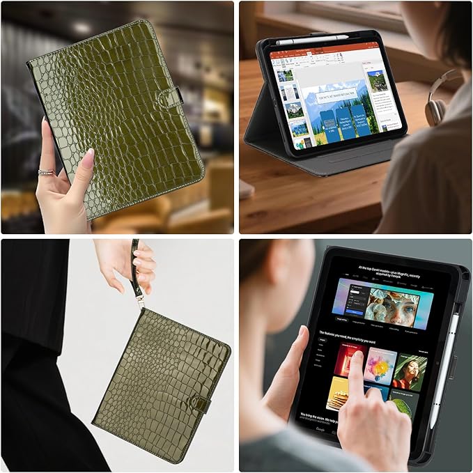 Elegant Case for Samsung Galaxy Tab A9 Plus 11 Inch 2023（Model: SM-X210/X216/X218） Premium Leather Crocodile Cover | Stand | Card Pockets| Wrist Strap| S Pen Holder (Dark Green)