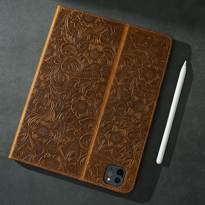Gexmil Genuine Leather Case for iPad Pro 11 Inch (M5/M4) 2025/2024 with Adjustable StandProtective Shockproof Premium Leather Smart Folio Cover Auto Sleep/Wake Anti-Slip Flower Brown