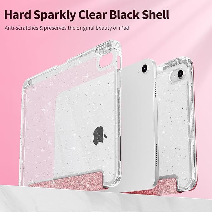 Tuiklol Sparkly Case for iPad (A16 Chip) 11th Gen 11 inch 2025 / iPad 10th Gen 10.9 inch 2022 Built in Pencil Holder with Glitter Clear Back Shell Cover Trifold Stand Auto Wake/Sleep Sparkly-Pink