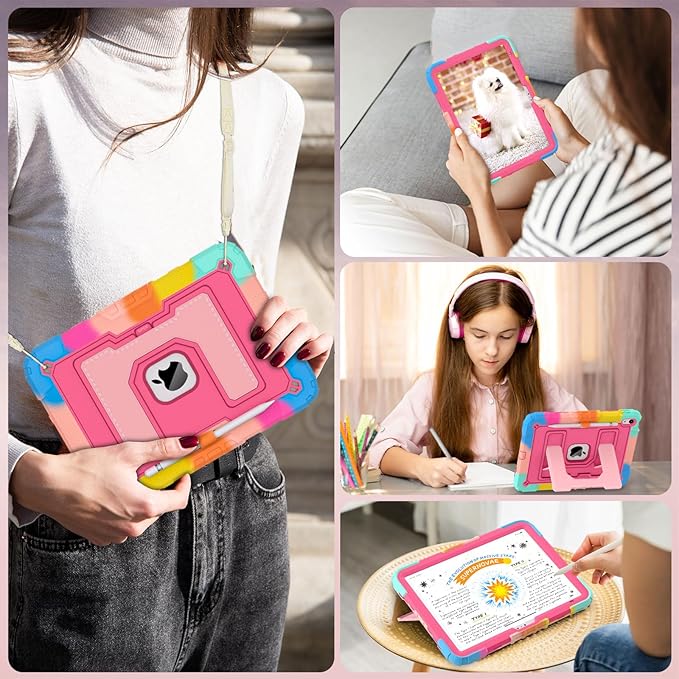 WESOROL Case for iPad A16 11th/10th Generation 2025/2022 with Pencil Holder Shoulder Strap iPad Case 10th Generation Shockproof Cover for iPad 11th/10th Gen CasesColorful Pink