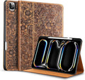 Gexmil Genuine Leather Case for iPad Pro 11 Inch (M5/M4) 2025/2024 with Pencil HolderProtective Shockproof Leather Smart Folio Cover Adjustable Stand Auto Sleep/Wake Anti-Slip Flower Brown