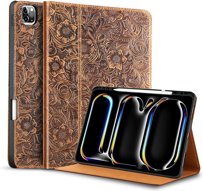 Gexmil Genuine Leather Case for iPad Pro 11 Inch (M5/M4) 2025/2024 with Pencil HolderProtective Shockproof Leather Smart Folio Cover Adjustable Stand Auto Sleep/Wake Anti-Slip Flower Brown
