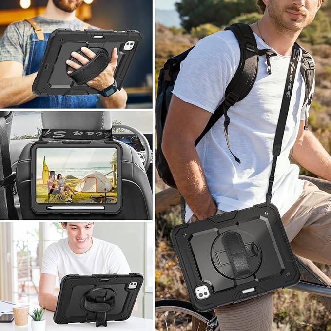 HXCASEAC for iPad Pro 11 Inch Case (M5/M4) 2025/2024 Shockproof Design with Pencil Holder Protector Rotating Stand Hand Strap Heavy Duty Protective iPad Pro11 6th/5th Generation Cover Black