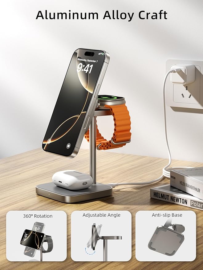 [Qi2 Certified ] LULULOOK 3 in 1 Charging Station 15W QI2 Wireless Charger Stand Magnetic Charger for iPhone 17/16/15/14/13/12 Series AirPods Pro/3/4 Apple Watch with 30W PD Adapter