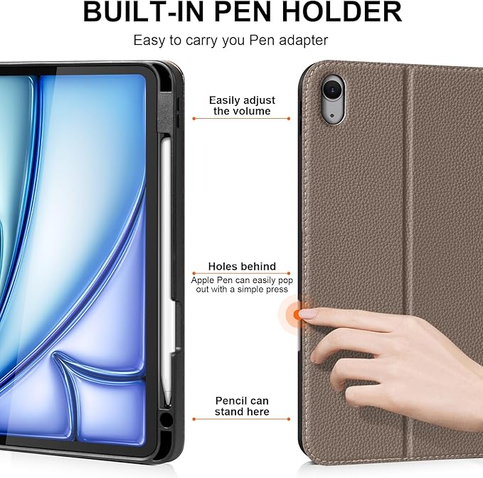 Leather Case for iPad Air 11 M4/M3/M2 (2026/2025/2024) &amp 10.9 5th/4th Gen (2020/2022) with Pencil Holder | Auto Wake/Sleep | Protective Shockproof Cover | Adjustable Stand | Gray Brown