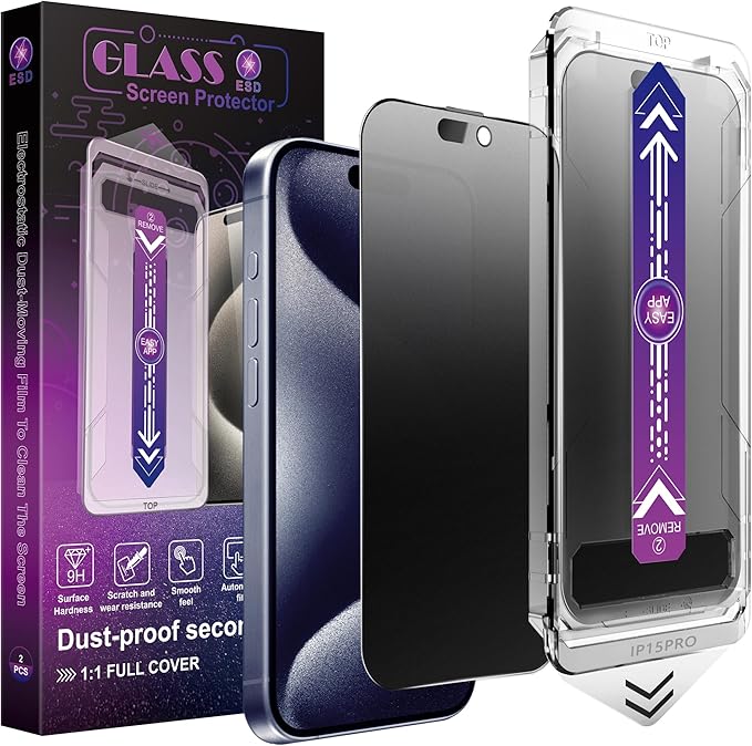 2 Pack Matte Privacy Screen Protector for iPhone 15 Pro 9H Tempered Glass Full Coverage Anti-Fingerprint Auto Dust-Elimination No Bubble Easy Installation