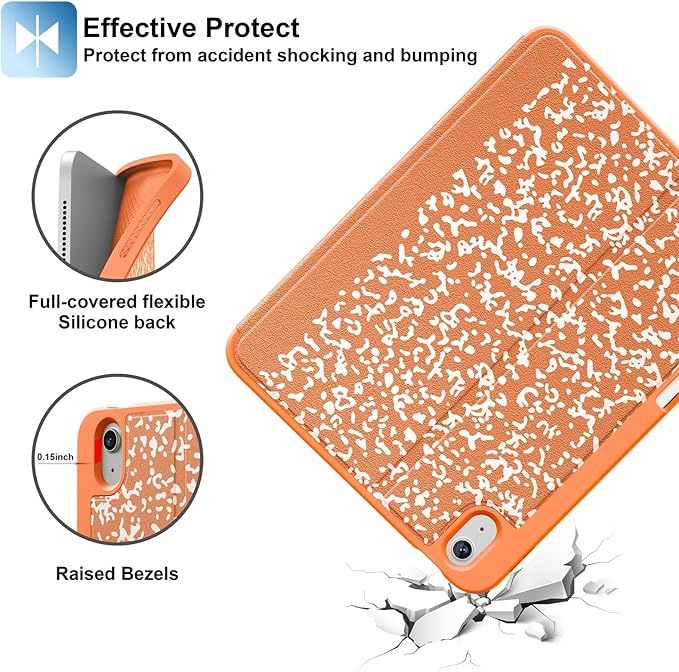Supveco Case for iPad (A16) 11th Generation 11 inch (2025)iPad 10th Generation 10.9 inch (2022) with Pencil Holder-[Auto Wake/Sleep]Premium Folio Stand Case with Soft TPU Back Cover-Orange Book