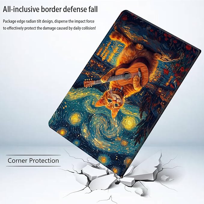 Bxgolkgd Tablet Case for Amazon Kindle Fire HD 8/HD 8 Plus(12th/10th2024/2022/2020 Release)Shockproof Stand Cover with Heat DissipationAuto Wake/Sleep FunctionCat Starry Night Art