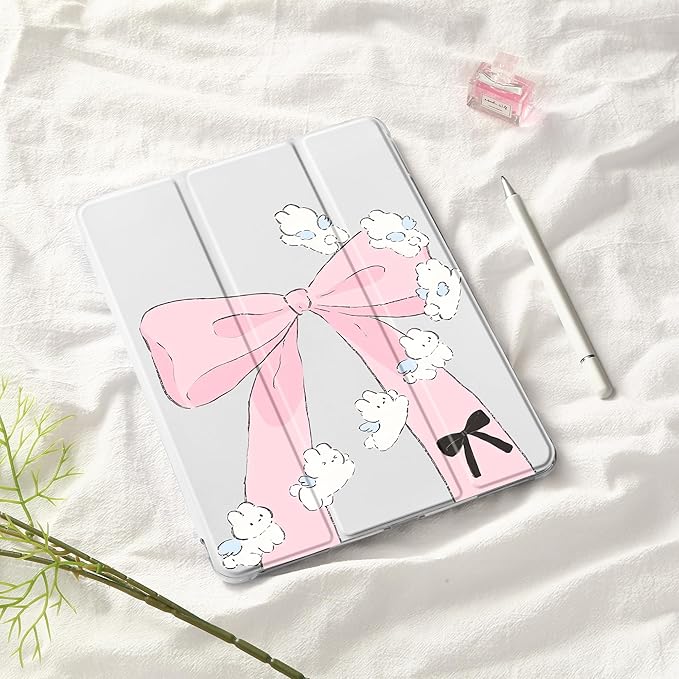 Idocolors Case for iPad 11 inch (A16 Chip) 2025 Generation 11th / iPad 10.9 inch 2022 10th Gen Built-in Pencil Holder with Soft TPU Shockproof Back Shell Auto Wake/Sleep Bunny Bow-White