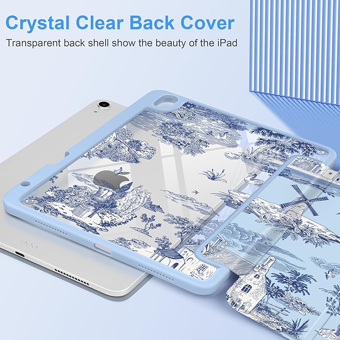 DONGKE Case for iPad Air 11-inch M4 2026 &amp M3 2025 &amp M2 2024 iPad Air 5th/4th Generation 10.9 2022/2020 [Built-in Pencil Holder] Clear Acrylic Back Trifold Stand Smart Cover Toile Pattern