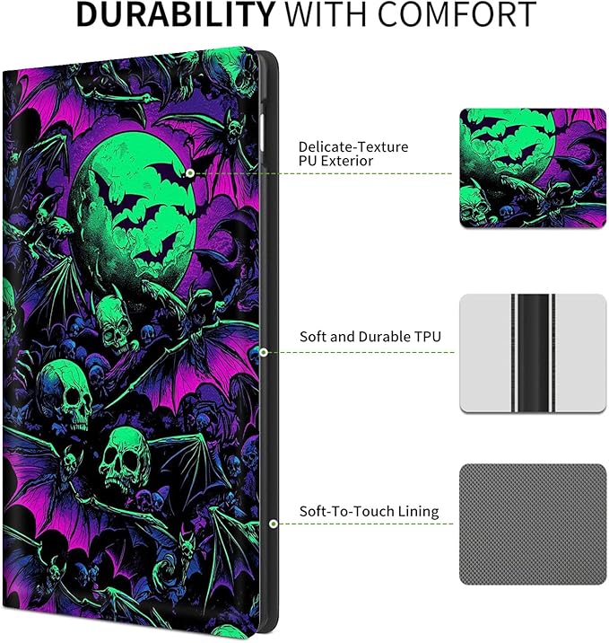 Case for iPad (A16) 11th Generation 11 Inch (2025) for iPad 10th Generation Case 10.9 Inch (2022) - Slim Shockproof Shell PU Leather Stand Cover w/Auto Sleep Wake-Gothic Bats Skull Bone Horror