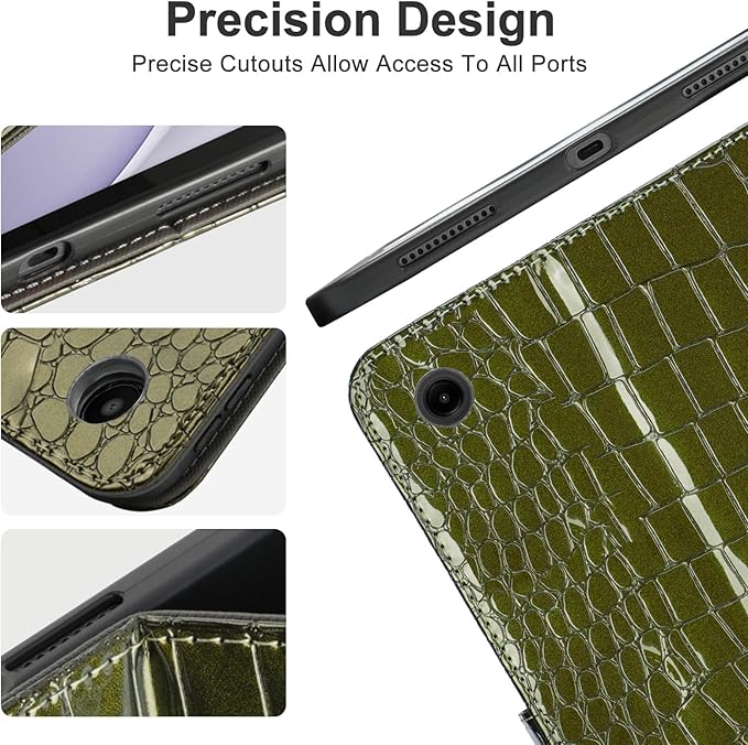 Elegant Case for Samsung Galaxy Tab A9 Plus 11 Inch 2023（Model: SM-X210/X216/X218） Premium Leather Crocodile Cover | Stand | Card Pockets| Wrist Strap| S Pen Holder (Dark Green)