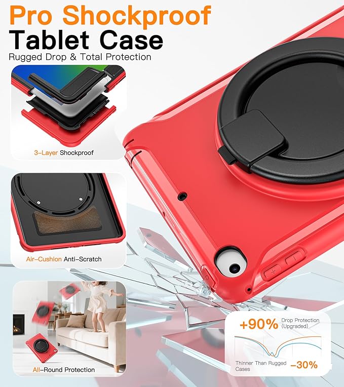 BATYUE Shockproof Case for iPad mini 4/5 (2015/2019) - 360° Multi-Angle Stand (Portrait &amp Landscape) &amp Grip Pencil Holder (Elastic Loop) Multi-Scene for All Ages Red