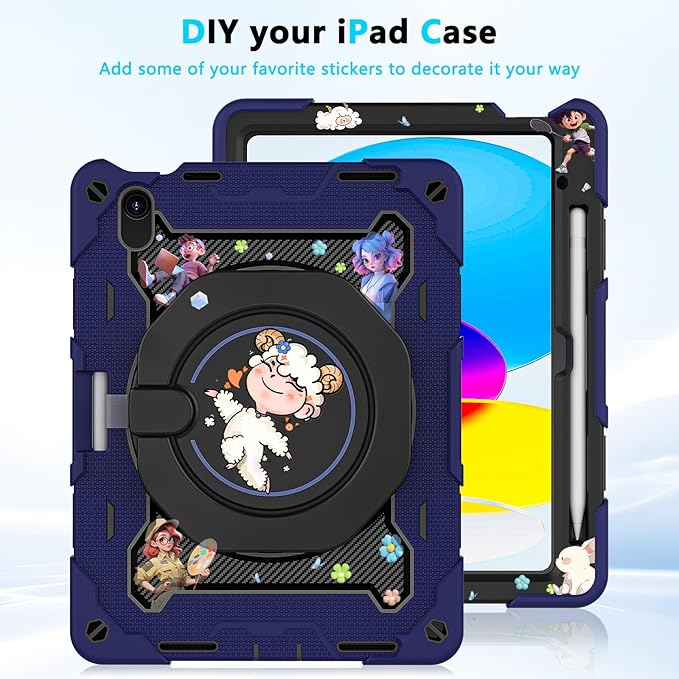 ROISKIN for iPad (A16) 11th/10th Generation Case 2025/2022 (11″/10.9″) Sturdy Heavy Duty Full-Body Shockproof Protective Case with Screen Protector Rotating Stand Handle/Shoulder Strap