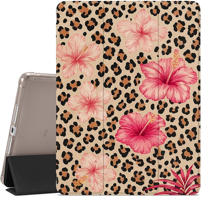 Coquette Leopard Print Case for iPad Air 13 (M3) 2025 / (M2) 2024 / iPad Pro 12.9 2022/2021 Retro Hibiscus Flower CasePencil Holder &amp Clear Back &amp Trifold Stand Cover for Women