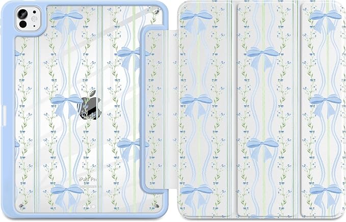 TWOLSKOO Case for iPad Pro 11-inch (M5 2025 / M4 2024) Clear Acrylic Back with TPU Bumper Pencil Holder Trifold Stand Auto Sleep/Wake Wavy Stripes &amp Bows