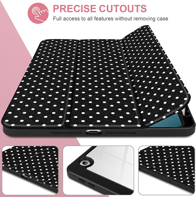 MEEgoodo Case for iPad 10.2 inchTablet Cases for iPad 9th Generation 2021/8th Gen 2020/7th Gen 2019 with Clear Acrylic Back Shell+Pencil Holder+Auto Wake/Sleep+Trifold Stand White Polka Dot