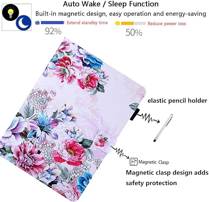 Case for 10.1 Amazon Kindle Fire HD 10 Tablet 9th/7th Generation 2019 and 2017 with Stylus Holder Card Slots [Auto Sleep/Wake] Smart Stand PU Leather TPU Magnetic Folio Cover Colorful Rose