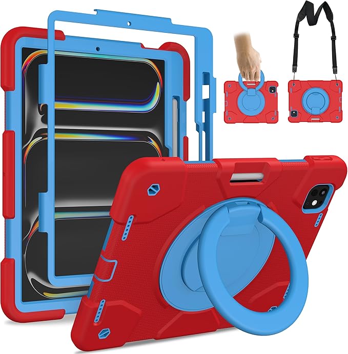 Case for iPad Pro 11 Inch M4 2024/M5 2025 Case Heavy Duty Shockproof Cover with Screen Protector/360° Rotate Stand/Shoulder Strap/Pencil Holde (Red+Blue iPad Pro M4/M5 11 inch)