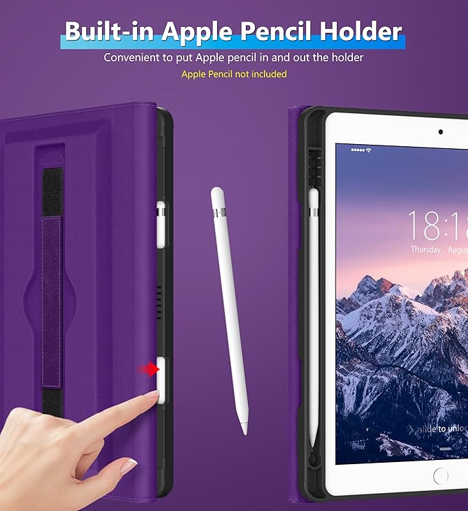 DTTO Rotating Case for iPad 9th/8th/7th Generation 10.2 Inch 2021/2020/2019 360 Degree Swiveling Premium Leather Folio Stand Cover with Pencil Holder - Auto Wake/Sleep and Hand Strap Dark Purple