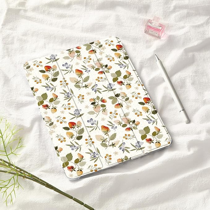 Idocolors Cute Kawaii Strawberry Plant Pad Case for 13 Inch iPad Pro(2024) Clear TPU Smart Stand Back Cover with Pencil Holder Auto Wake/Sleep Foldable Shockproof Protective Case for Women Girls