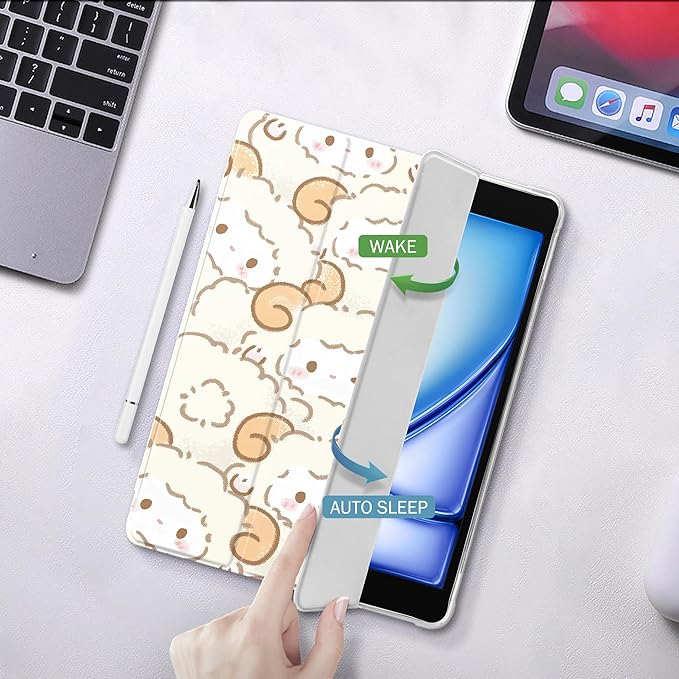 Idocolors Cute Kawaii Sheep Pad Case for 13 Inch iPad Air(2024) Clear TPU Trifold Stand Back Cover with Pencil Holder Auto Wake/Sleep Foldable Shockproof Protective Case