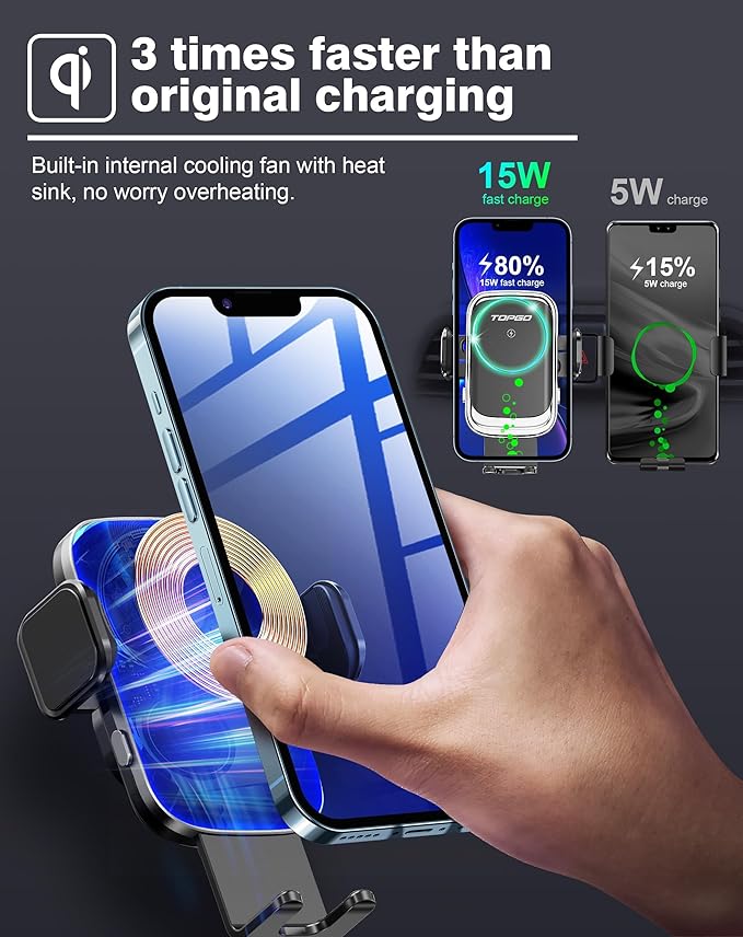 [Upgraded] TOPGO Cup Phone Mount Wireless ChargerUniversal Cell Phone Holder Car Charger Wireless-Charger-Cup-Phone-Holder Fast Charging for iPhone16/16 Pro/16 Pro Max Samsung Galaxy - Black
