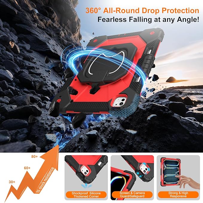 Case for iPad Pro 13 Inch M5 2025 / M4 2024 Auorld for iPad Pro 13 Inch M5 2025 with Screen Protector 360 Degree Rotating Stand Shoulder Strap Pencil Holder Black Red
